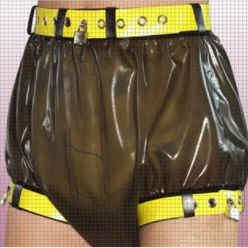 

Costume party Latex Rubber Gummi Sports shorts pants Catsuit Coffee&yellow Ganzanzug Cosplay