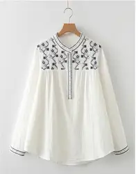 Ethnic style embroidered stand collar double-layer cotton yarn long-sleeved shirt