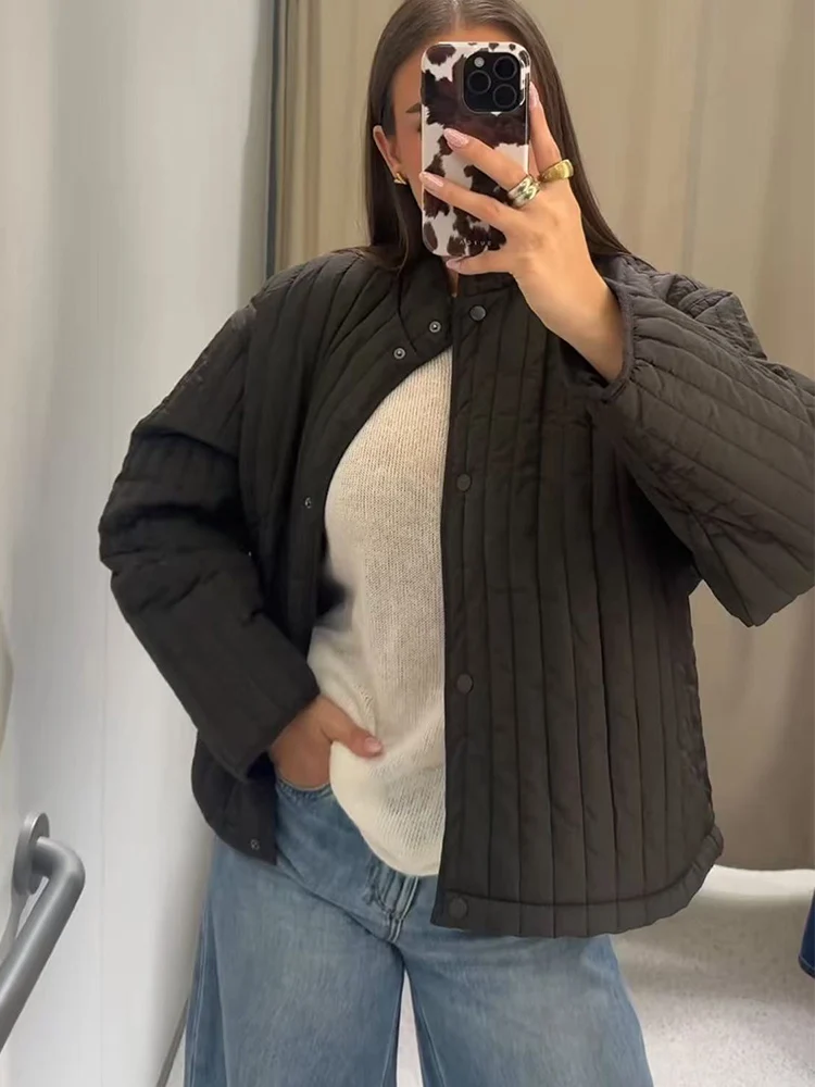 

TFMLN Winter New Women Lightweight Cotton Jacket Chic Stand Collar Loose Scarf Quilted Coat Ladies Leisure Pockets Outwear