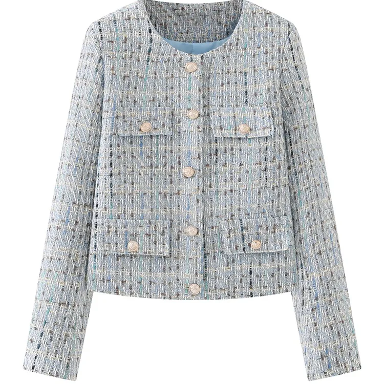  Style round Neck Thick Tweed Jacket Women's Short Size Fashionable Spring Autumn New Arrival Polyester Spandex Blend