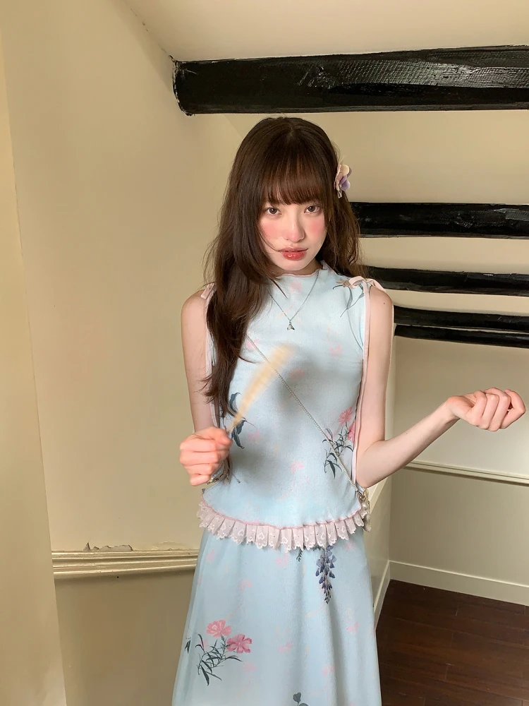 Blue ort Svel Sweet Sle Women's Set Summer Elegance Commute Blue Set Fem Faionable Polyester Plant Floral