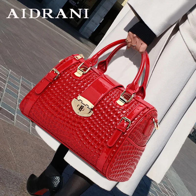 Aidrani  Genuine leather women's handbag fashion crocodile pattern luxury brand cowhide boston bag