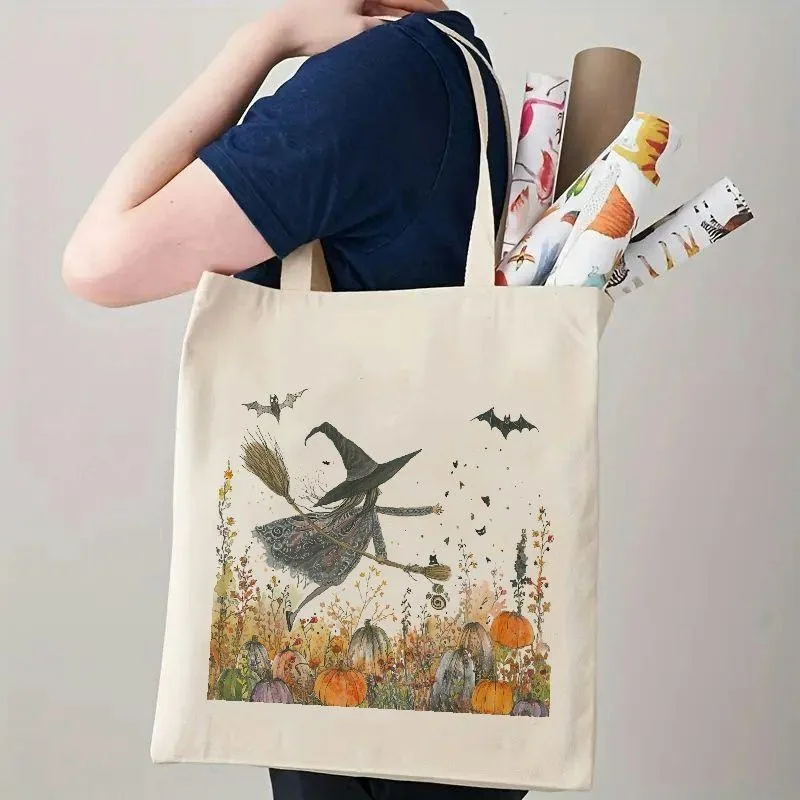 2pcs Set Witch Pumpkin Canvas Tote Bag Stylish Shoulder Bags for Women Perfect for Daily Commute Retro Halloween Gifts Decorate