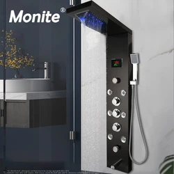 Monite Digital Display Bathroom Shower Column Rainfall And Waterfall Black Massage Spa Jets Bath LED Panel With Hand Shower Taps