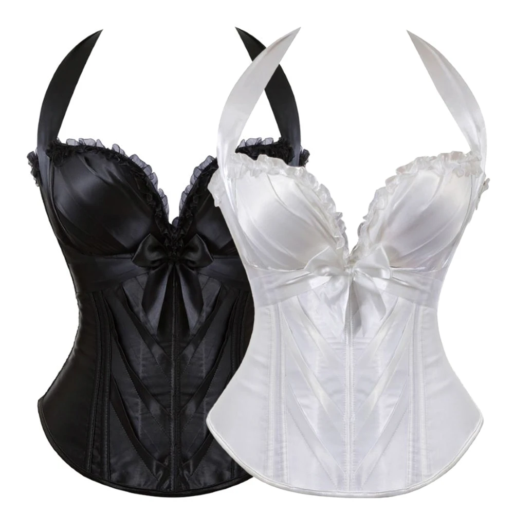 

Overbust Corset for Women Sexy Lace Bows Adorn Halter Straps The Corselet Body Shaper Vest Corsets Bustier Top Plus Size