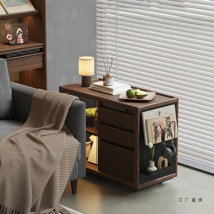 Solid wood sofa side cabinet Nordic living room home side table removable trolley tea table black walnut tea cabinet