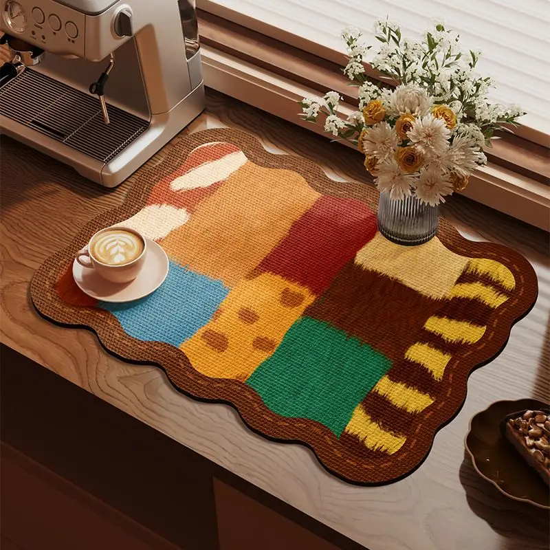 VIKAMA Wavy Edge Checkered Dish Rack Mat Retro Farmhouse Absorbent Quick Dry Mat Kitchen Bar Countertop Drain Home Decor