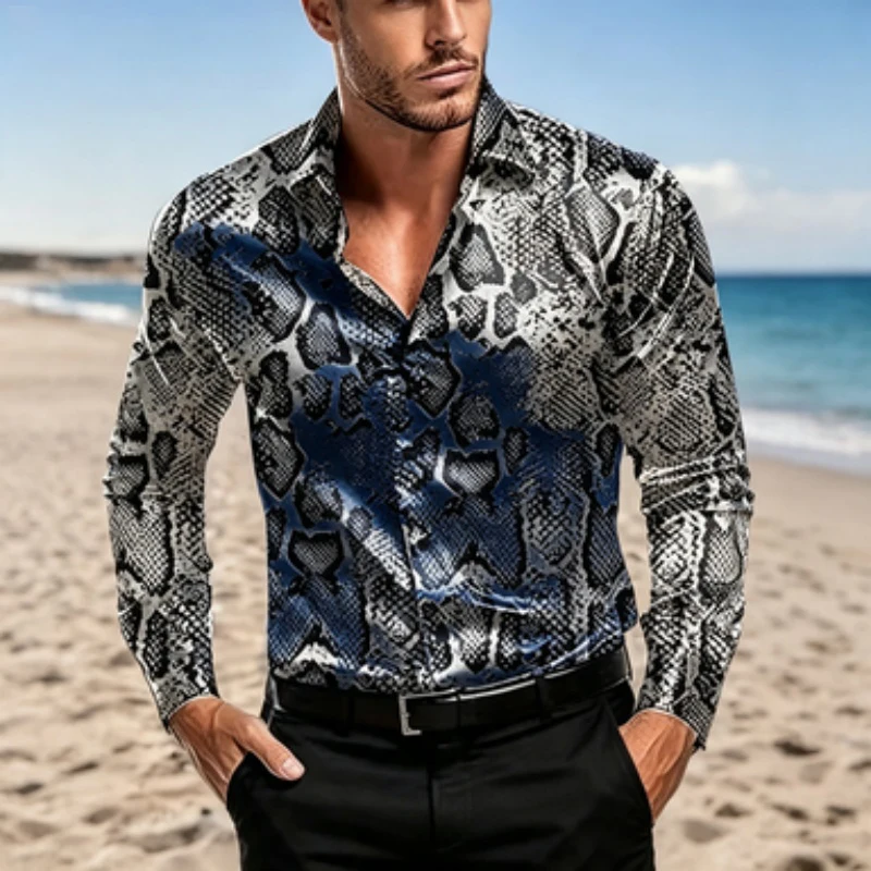 Men's Long Sleeved Shirt with Black Snake Pattern Full Print Long Sleeved Shirt, European and American Street Business Casual Me
