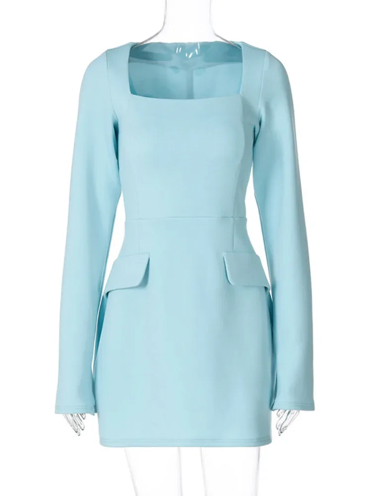 XIAOTANG 包帯長袖セクシーなミニドレス女性のファッションスクエアカラーツーポケットハイウエストレースアップクラブドレスエレガント
