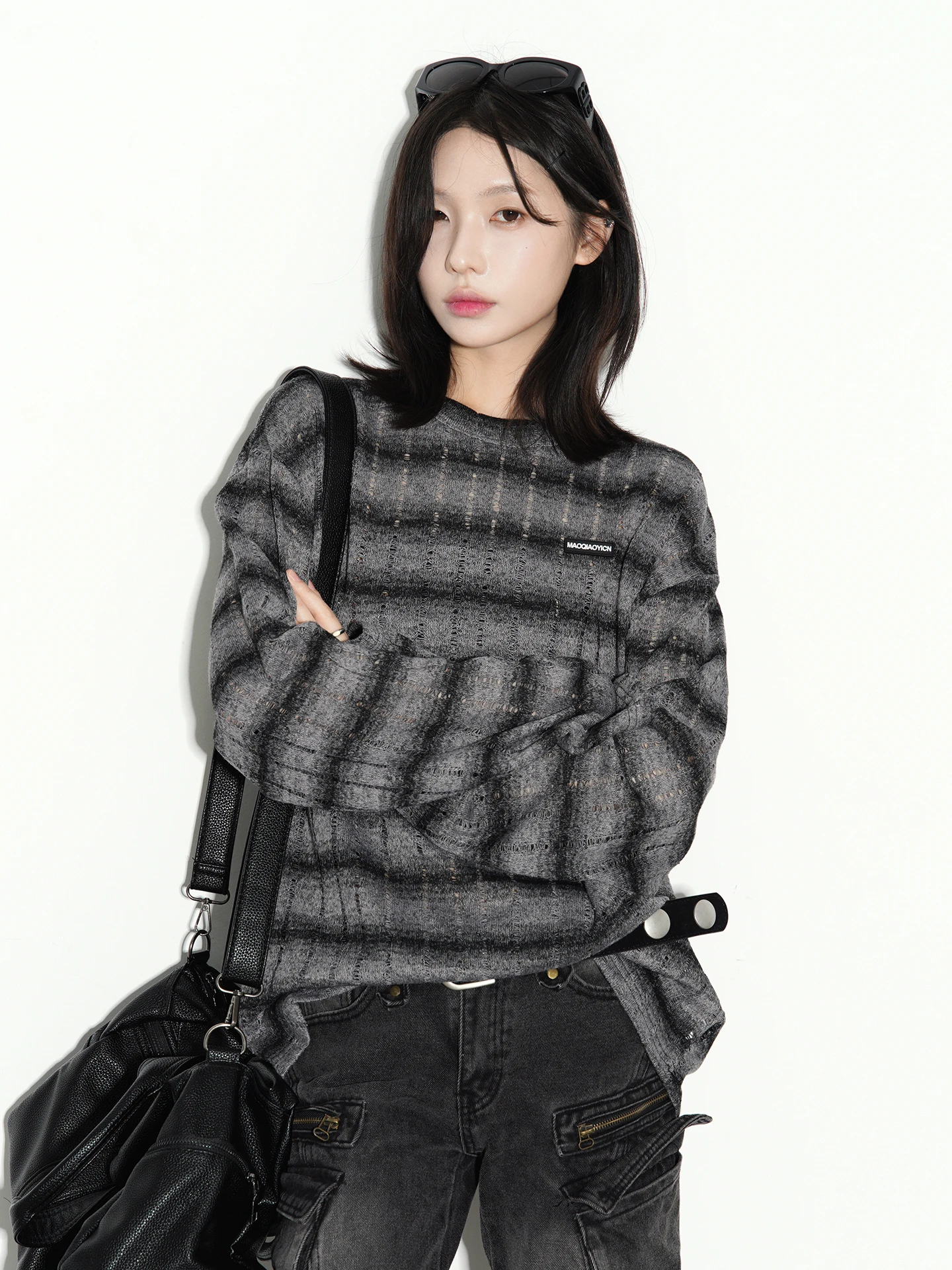 Gravity Museum Hollow out Lightweight Loose Summer T-Shirt Women's Long Sleeve Knitted Shirt Casual Style Striped Pattern