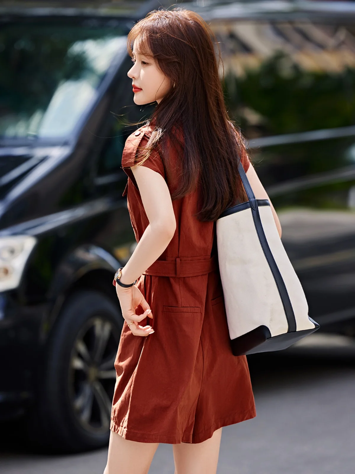 Mo Han  Mei Street Sle Slimming Workwear Inspired Svel One-Piece Summer New Arrival High Waist Cotton Blend