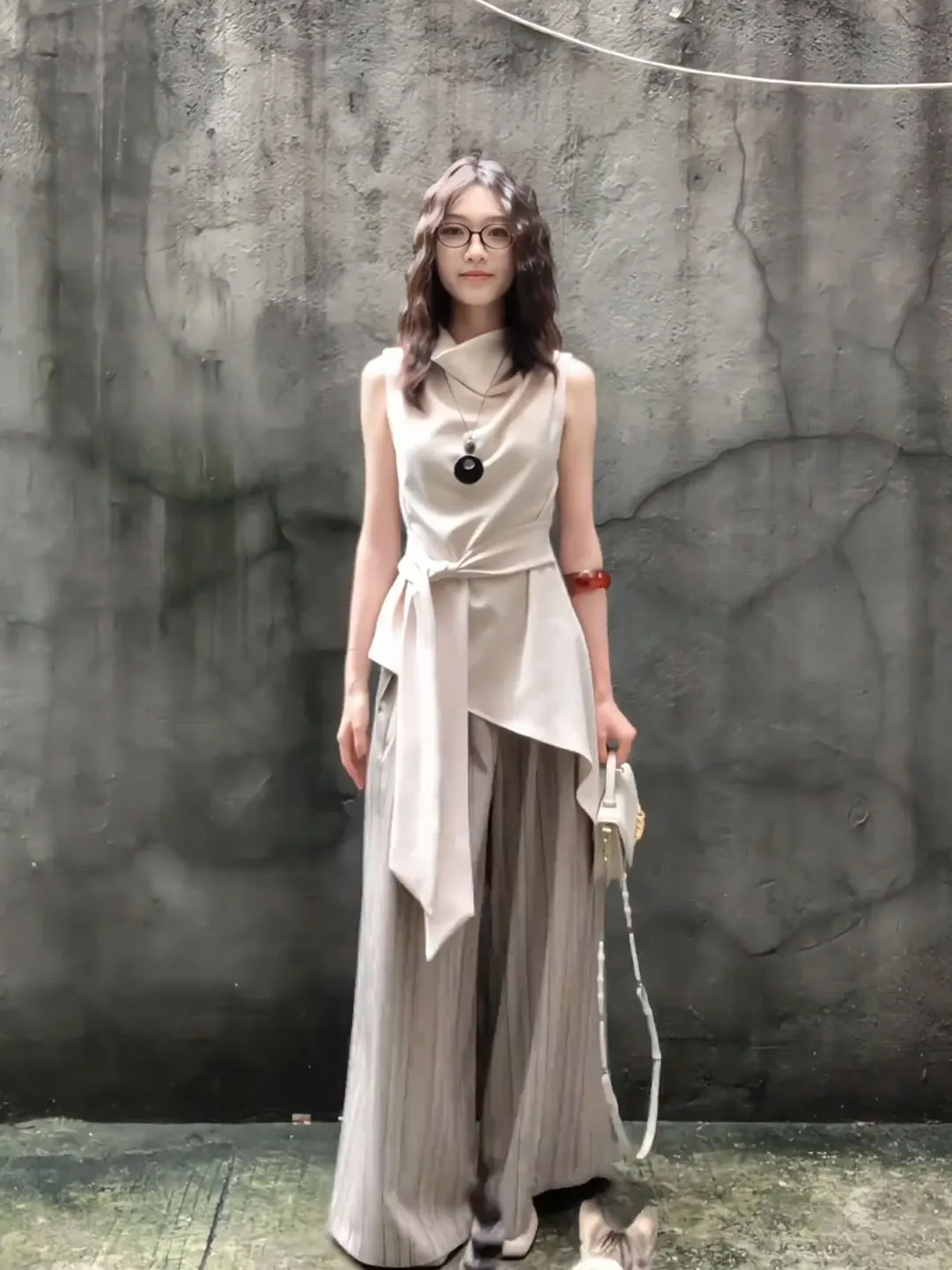 

Elegant Slimming Wide Leg Pants Set Women's Fashionable Belted Sleeveless Top High Waist Comfortable Summer Outfit