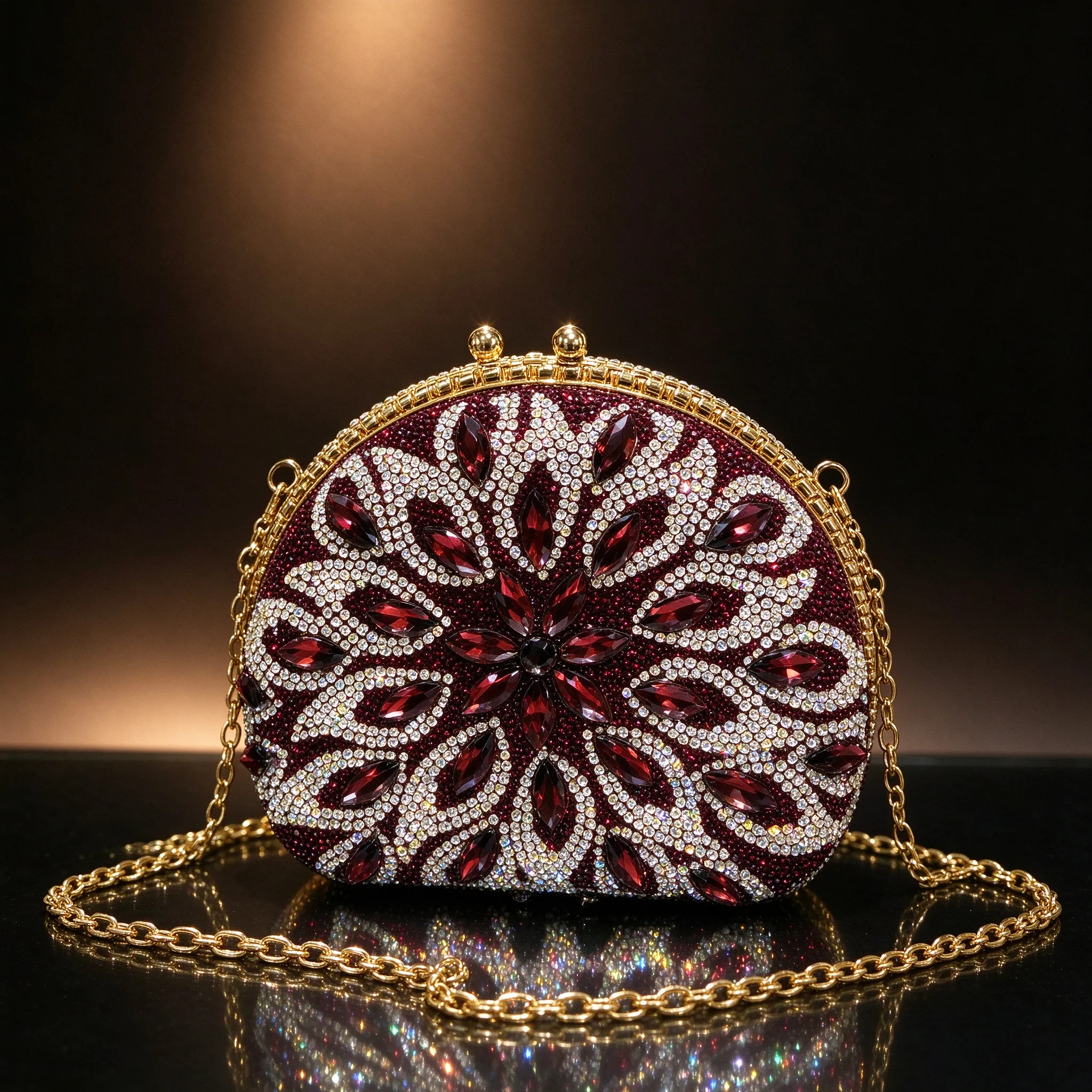 Burgundy Crystal Rhinestone Clutch for Women Kiss-Lock Evening Bag Gold Chain Wedding Prom Cocktail Purse