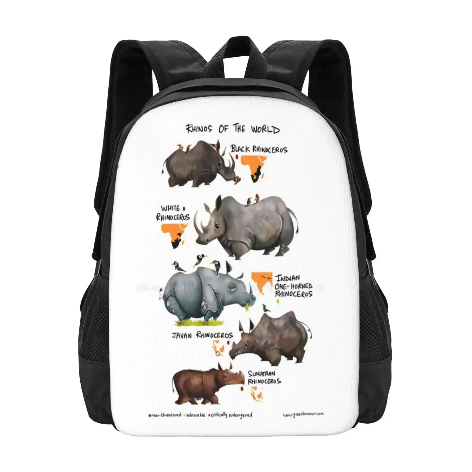 

Rhinos Of The World Hot Sale Schoolbag Backpack Fashion Bags Rhinoceros Wildlife Animals Infographic Endangered Conservation