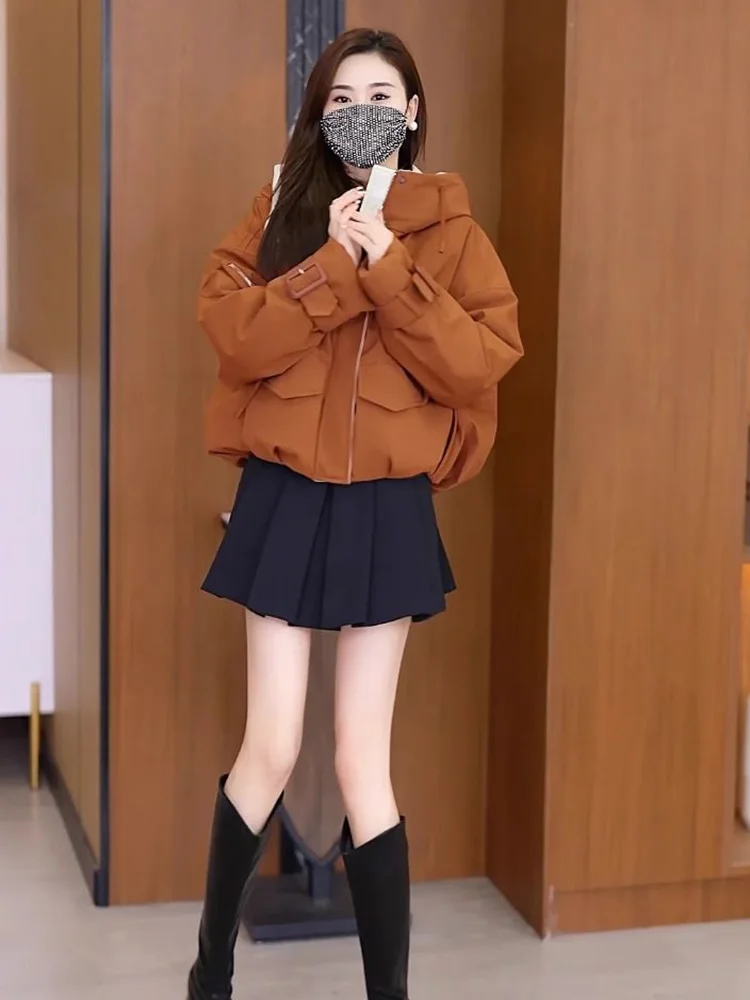 

Women's Fleece Lined Cotton Parka Autumn Winter Thickened Casual Short Jacket Korean Style Loose Fit Hooded Zipper Closure