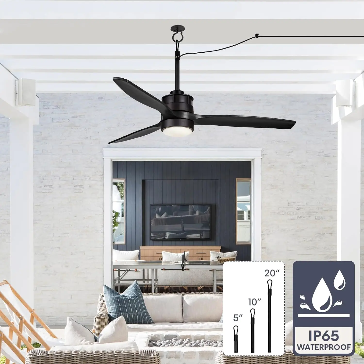 42“ Wet Rated Gazebo Ceiling Fans Outdoor Hanging for Patios Waterproof, Pergola Ceiling Fan with Light, Hook Installation, Blac