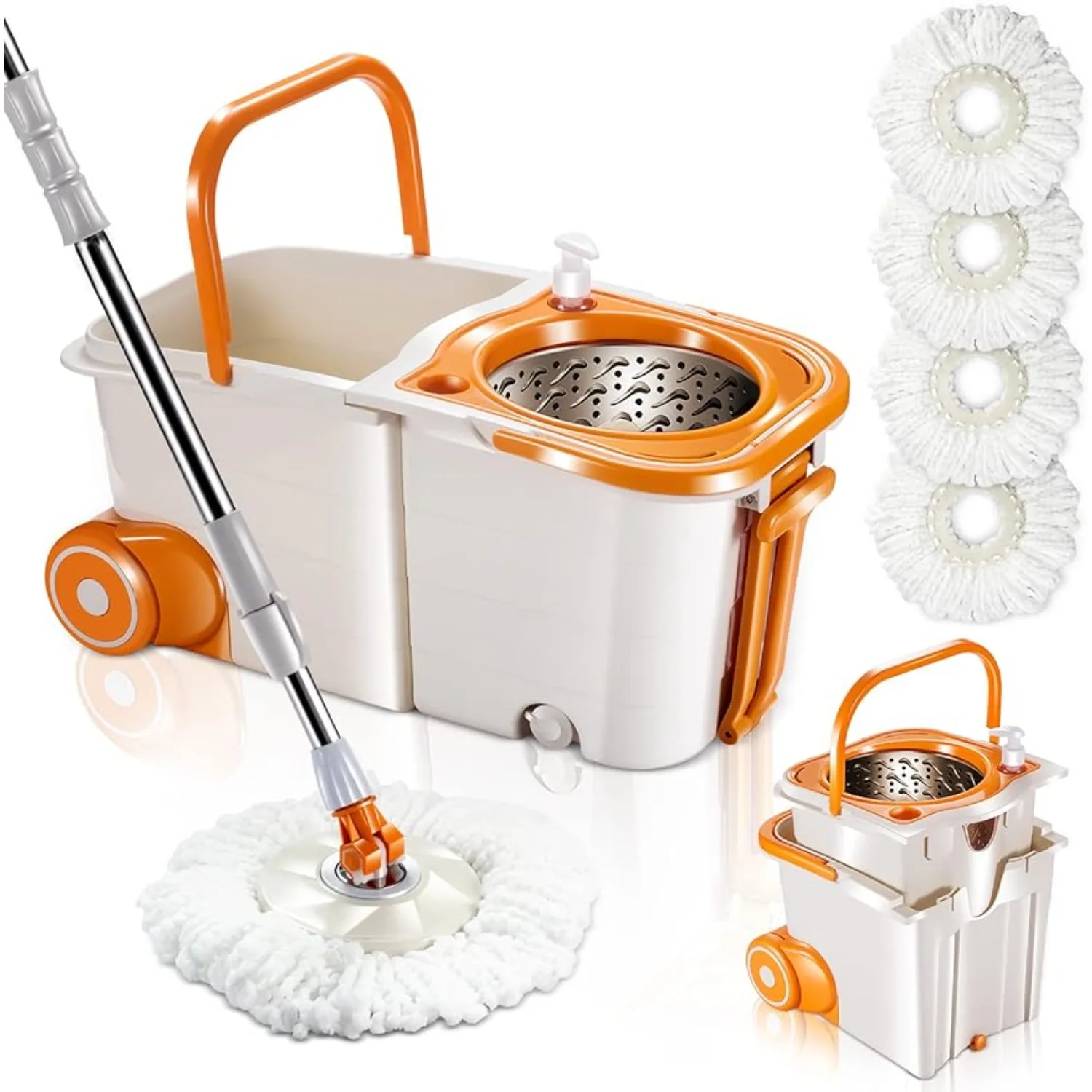 

Floor Spin Mop Bucket System with Wringer Set - Stainless Steel Mop Handle Separate Clean and Dirty Water