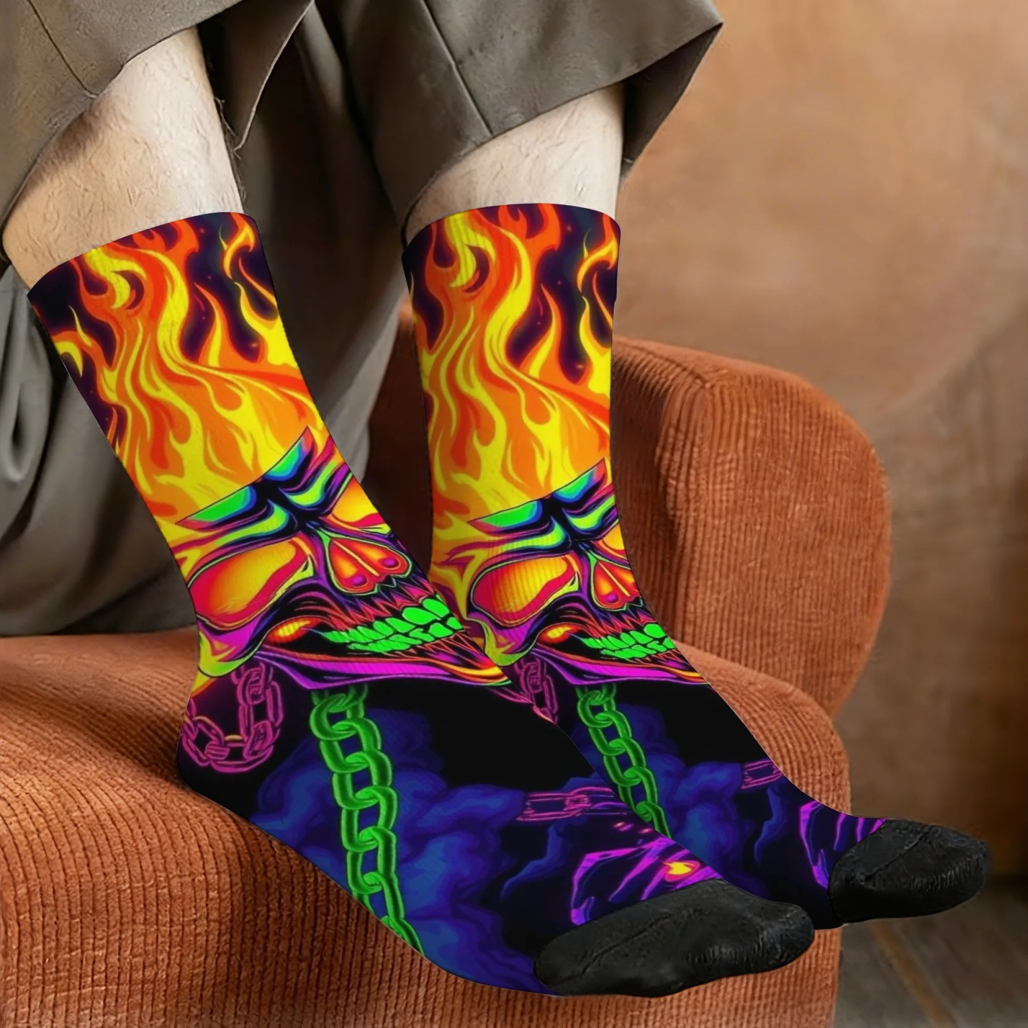 

Harajuku retro punk metallic fluorescent color-blocked flame skull print men's socks novel street trend casual socks party gift