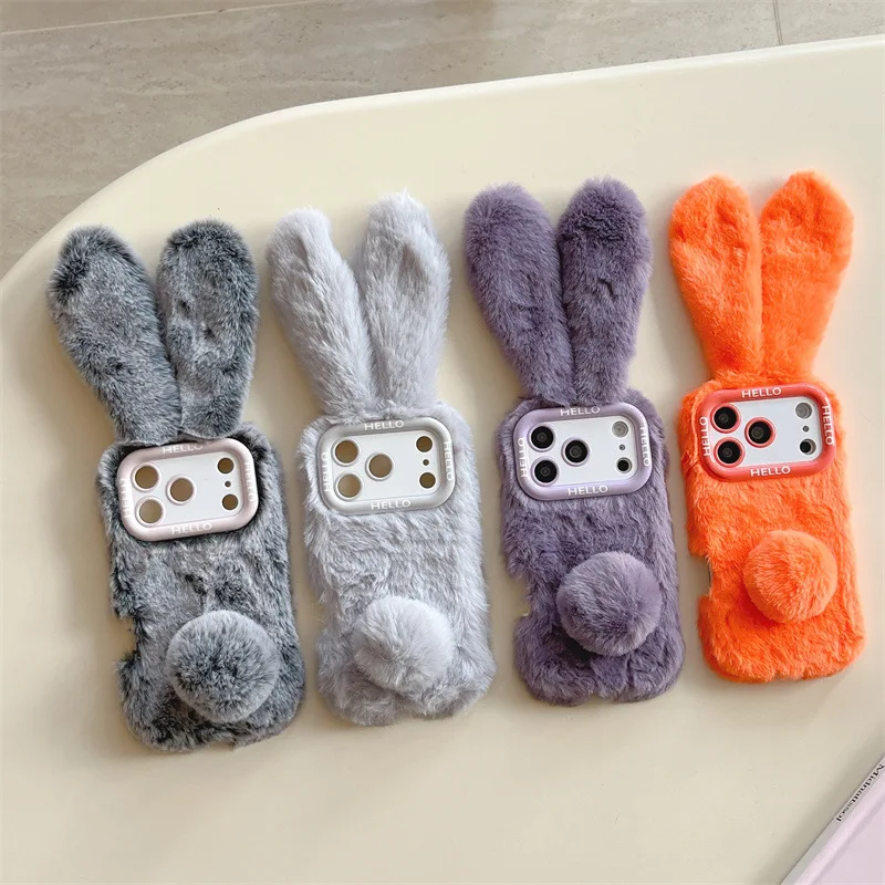 Coque de téléphone en peluche douce et moelleuse avec oreilles de lapin, couleurs unies, antichoc, pour iPhone 17 Air 16 13 14 15 Pro Max