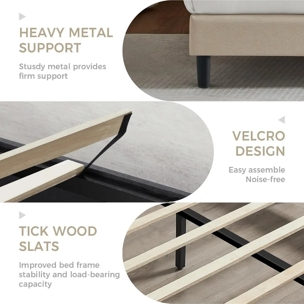 Cabeceira estofada de linho, estrutura de cama de tamanho completo com suporte de ripas de madeira para fácil montagem e sono silencioso