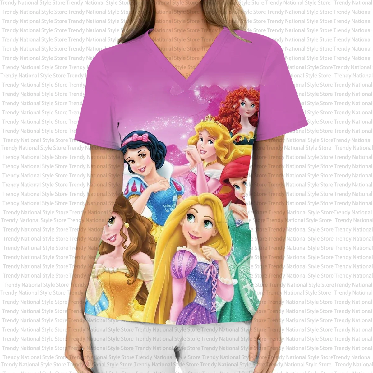 Summer New Arrival Women's Work Nursing Uniform Disney Princess Kaii Print V-Neck Pocket Frosted Top Dental Pet Shop T-Shirt