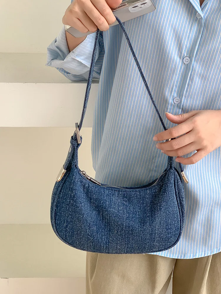 HIGHFOCAL Korean Instagram Minimalist denim Bag Women\'s Bag 2024 New Retro shoulder Bag Niche Fashion Carry Underarm Bag