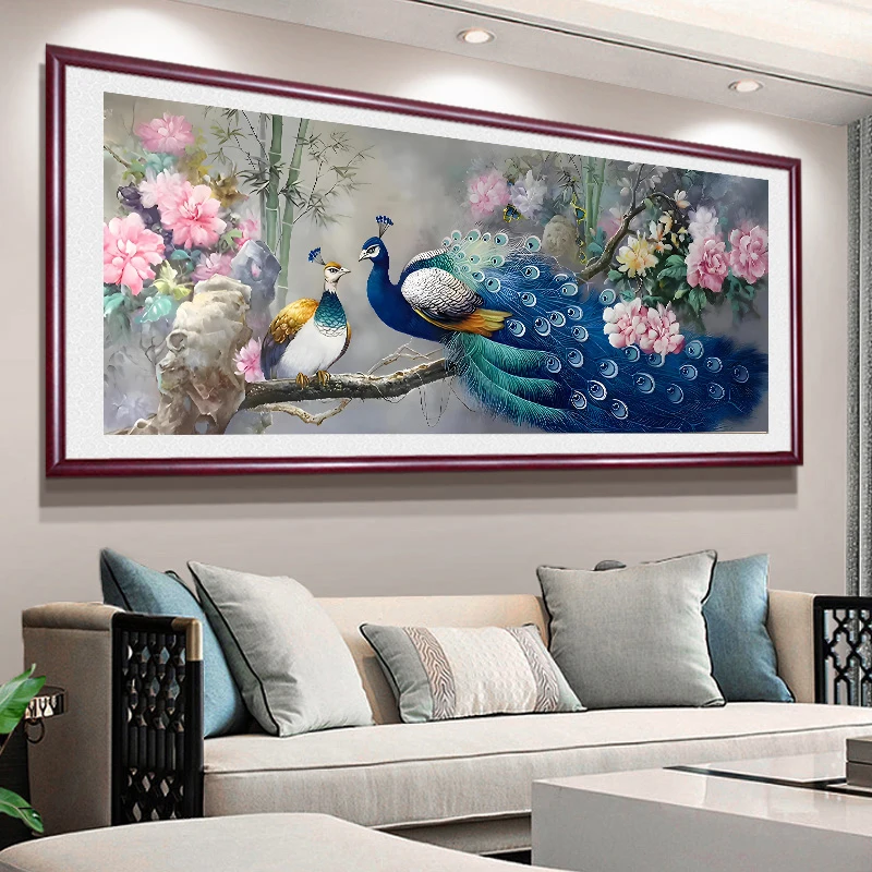 

Peacock Cross Stitch Kit Large Scale Handmade Embroidery for Living Room Bedroom Floral Animal Landscape Cotton Fabric