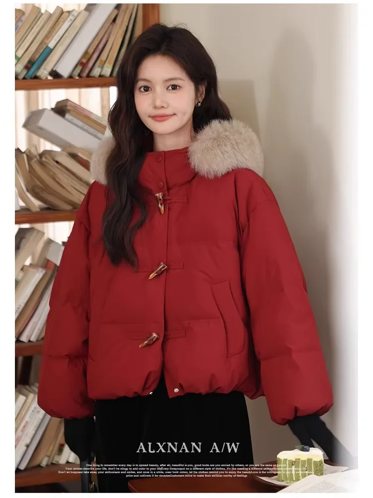 

ALXNAN Red Short Down Jacket for Women 2025 Winter Real Fur Collar 90 White Duck Hooded Down Jacket Elegant Casual Coat LXN32856