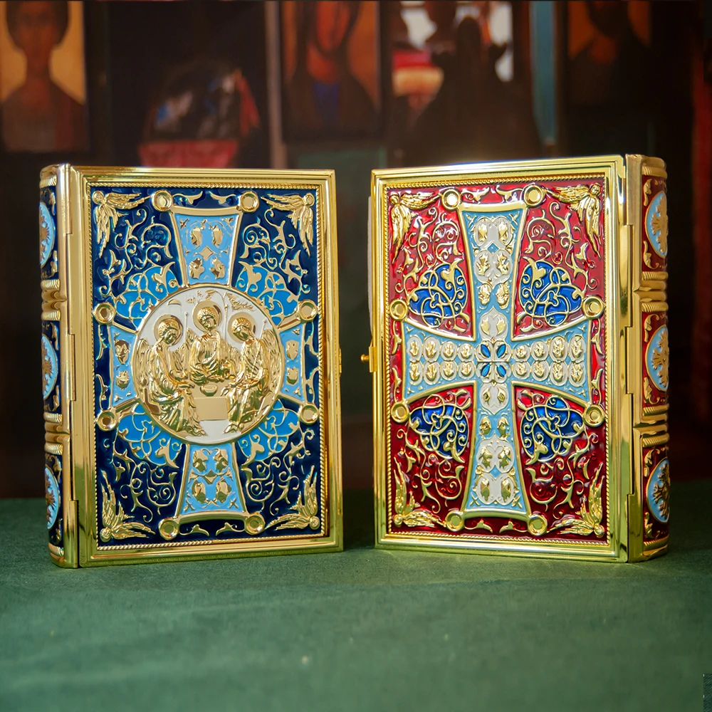 Orthodox Gospel Book Cover - Zinc Alloy Gold Plated Enamel with Trinity Icon for Church Worship