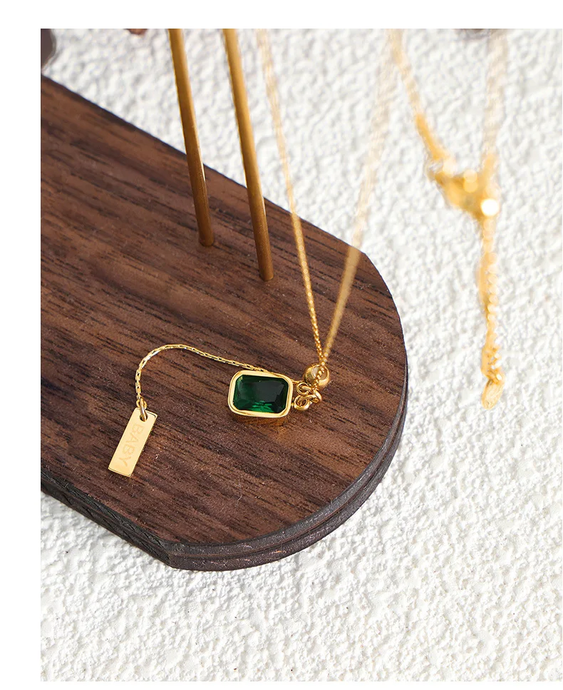 Grüne Zirkon-Anhänger-Halsketten aus Edelstahl, 18 Karat vergoldet, wasserdicht, nicht anlaufend, verstellbare Kette für Damen – Detail 8