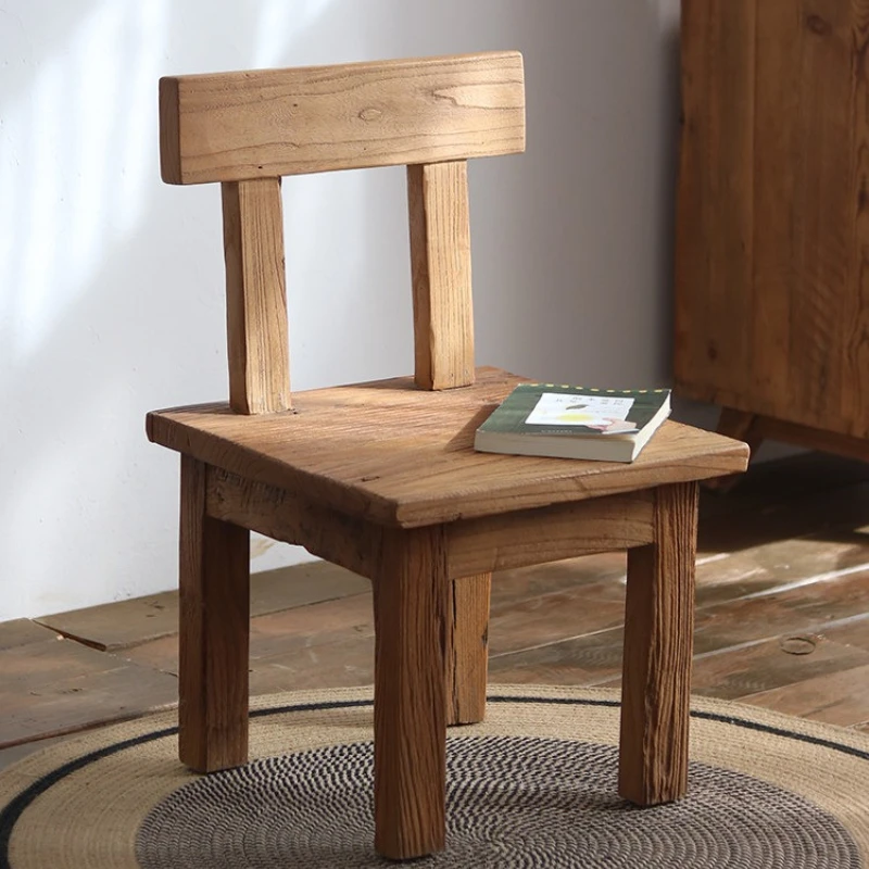 Vintage Elm Wood Backrest Stool Chinese Style Low Dining Chair Retro Wooden Bench Traditional Home Seat for Shooting Props