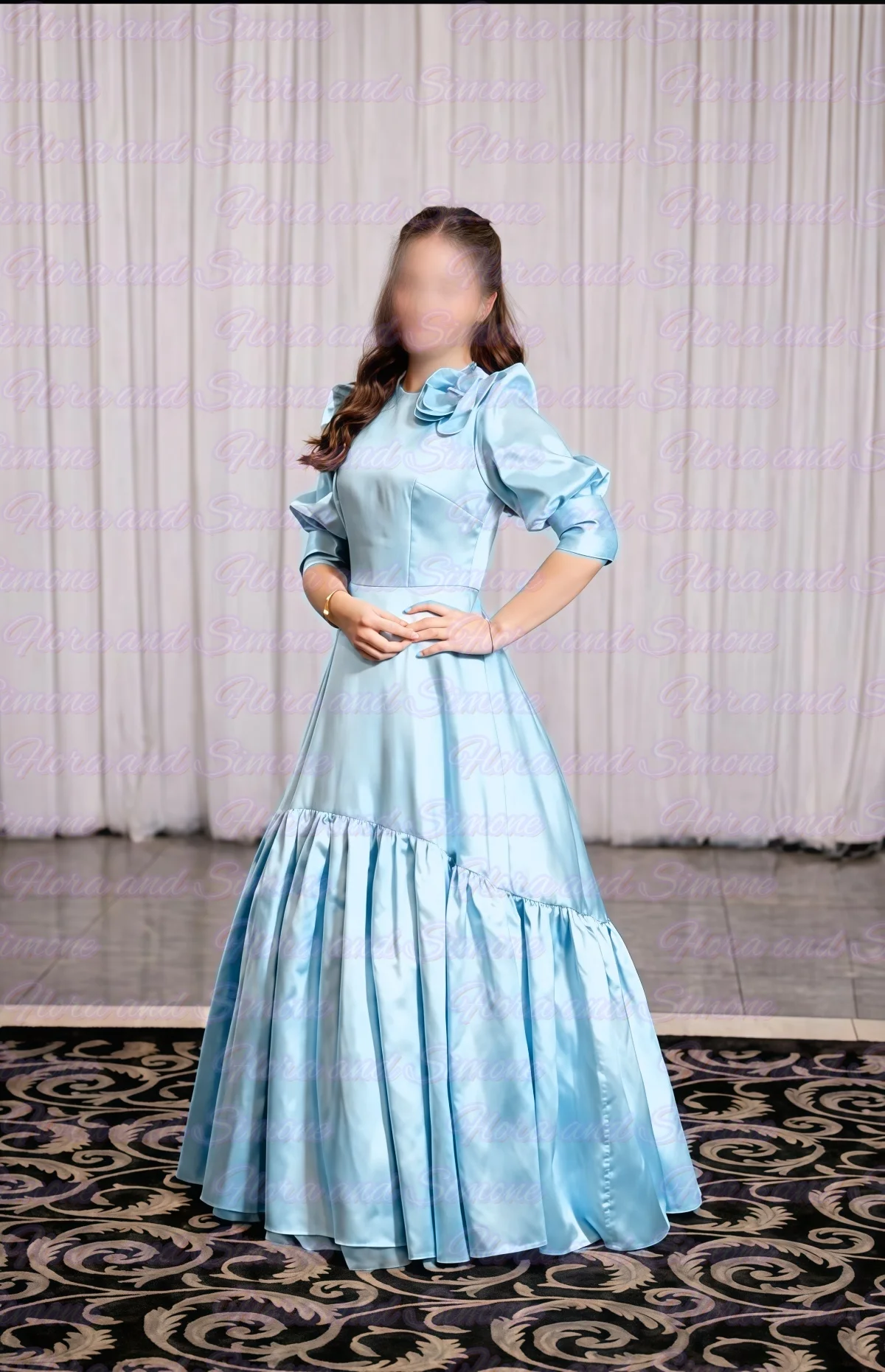 

Blue Satin Evening Dress Women 3/4 Sleeves Floor Length High Neck Beaded Elegant Bridal Formal Long Ball Gowns Pageant Dress