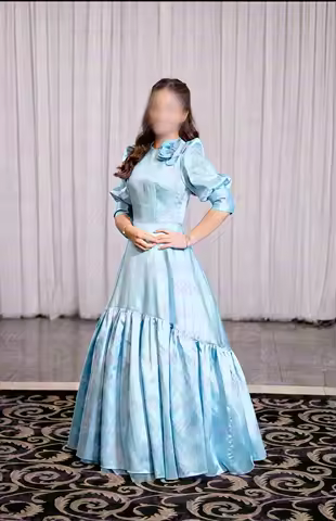 Blue Satin Evening Dress Women 3/4 Sleeves Floor Length High Neck Beaded Elegant Bridal Formal Long Ball Gowns Pageant Dress