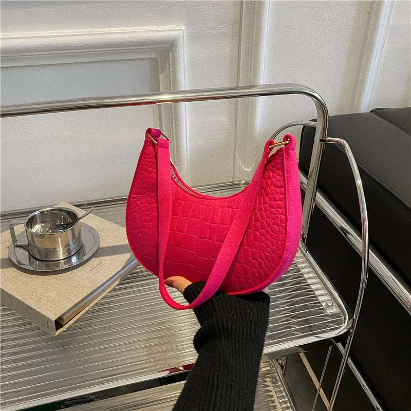 Fashion Women Shoulder Underarm Bags Felt PU Leather Solid Color Casual Handbags Female Pouch Ladies Retro Tote Crossbody Bag