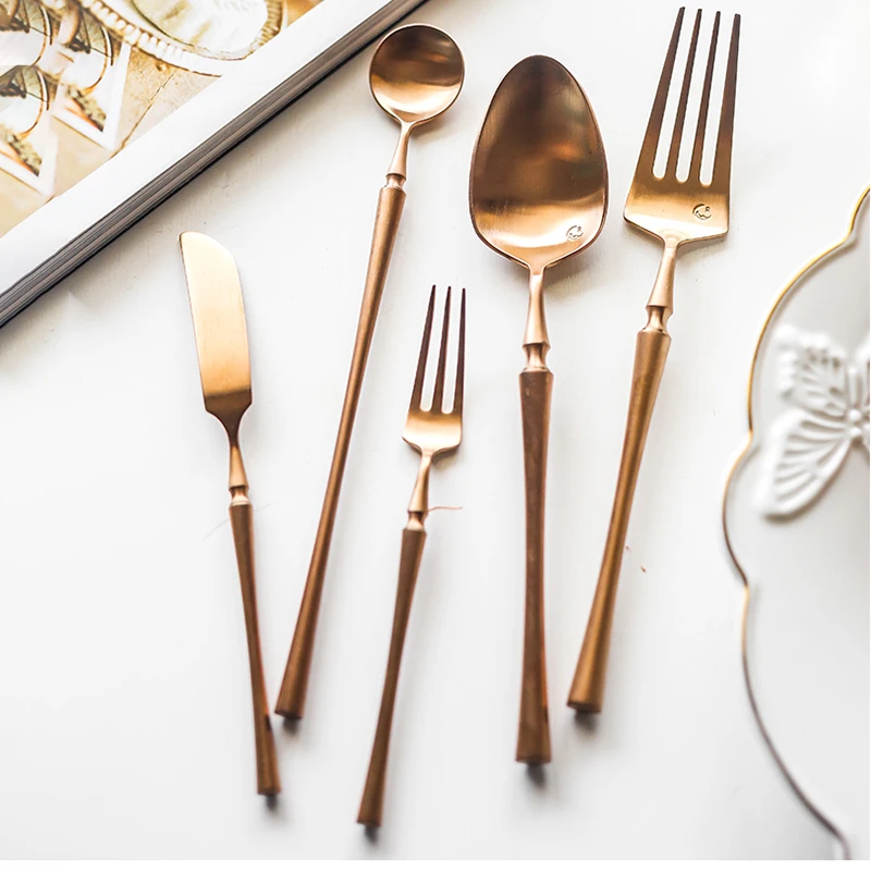 304 Rose Gold Stainless Steel Brushed Knife Fork Spoon Set Luxury Cutlery Set Silverware Steak Coffee Dessert Spoon Fruit Fork