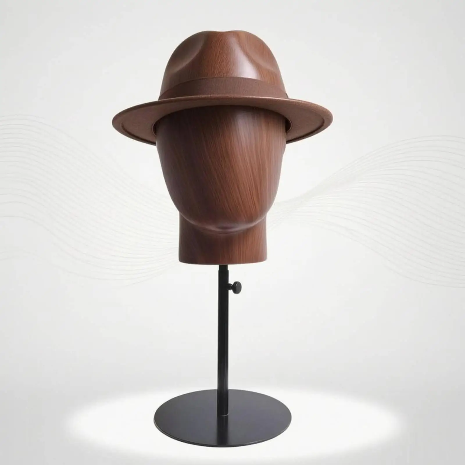Wood Grain Head Form Stand with Round Metal Base Adjustable Display Rack for Hat Store Showcase