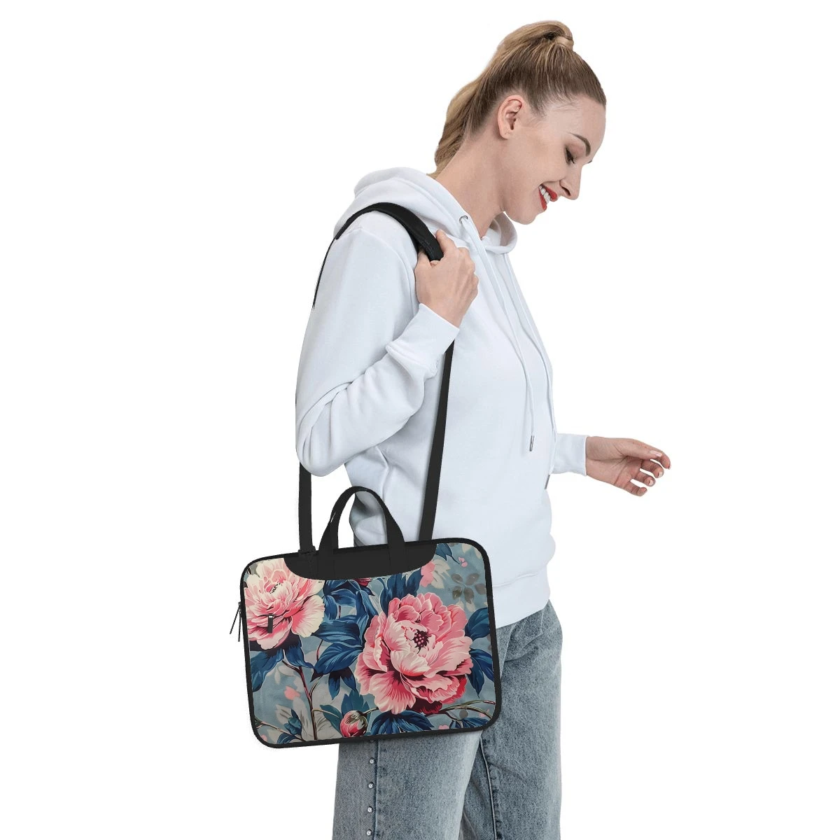 Rose Peony Patten Shoulder Messenger Bag Case Sleeve for 13 Inch  14 Inch 15.6 Inch Laptop Briefcase