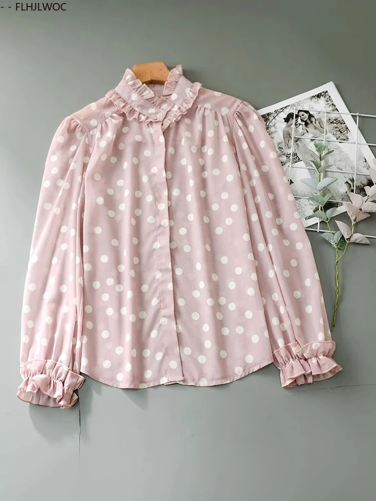 Design français Dot hauts Blouses nouveau Design 2025 Y2K femmes à manches longues ample décontracté volants Blouses bureau dame bases chemises roses