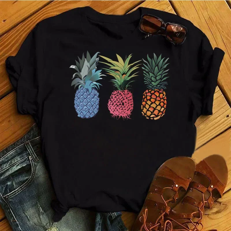 New Women's T Shirt Funny Strawberry Pineapple Pattern Women's Top Cute Fruit Women's Casual T-shirt Women Casual Black T-shirt