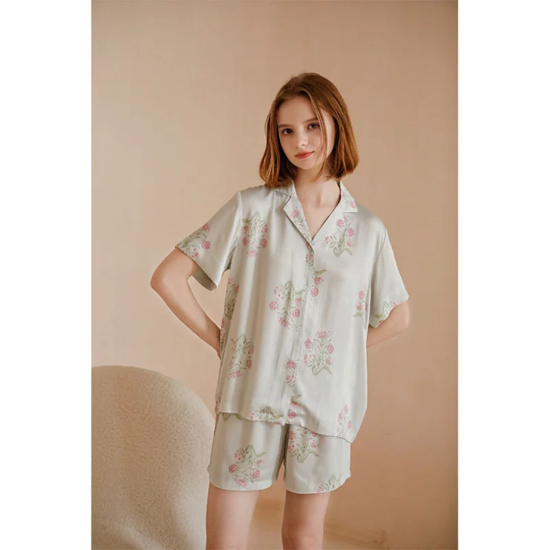 2023 Green Printing Satin Women\'s Short Sleeve Shorts Pajamas Comfortable Casual Home Loungewear Viscose Turn-down Collar pijama