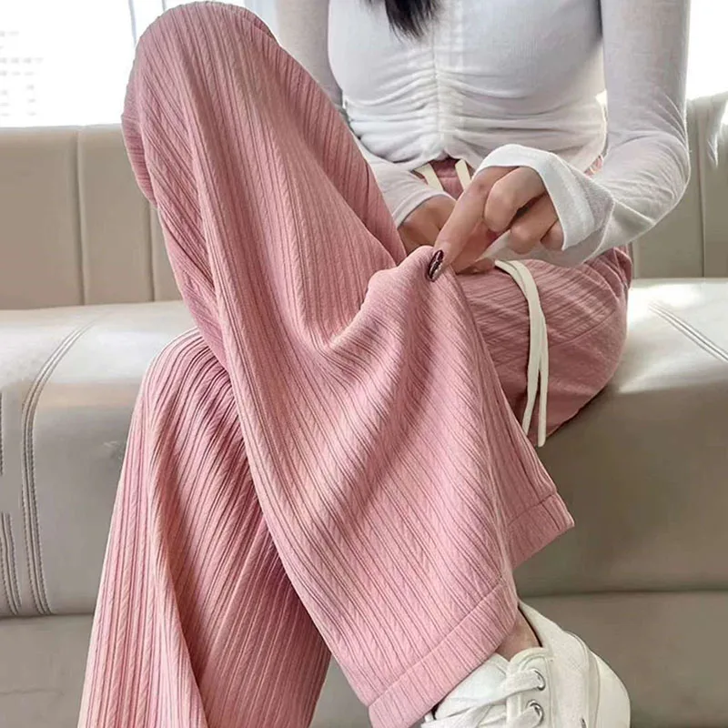Casual Pants Solid Drawstring Women 2025 Autumn New Bubble Milk Puff Wide Leg Pants Korean High Waist Draped Straight Trousers