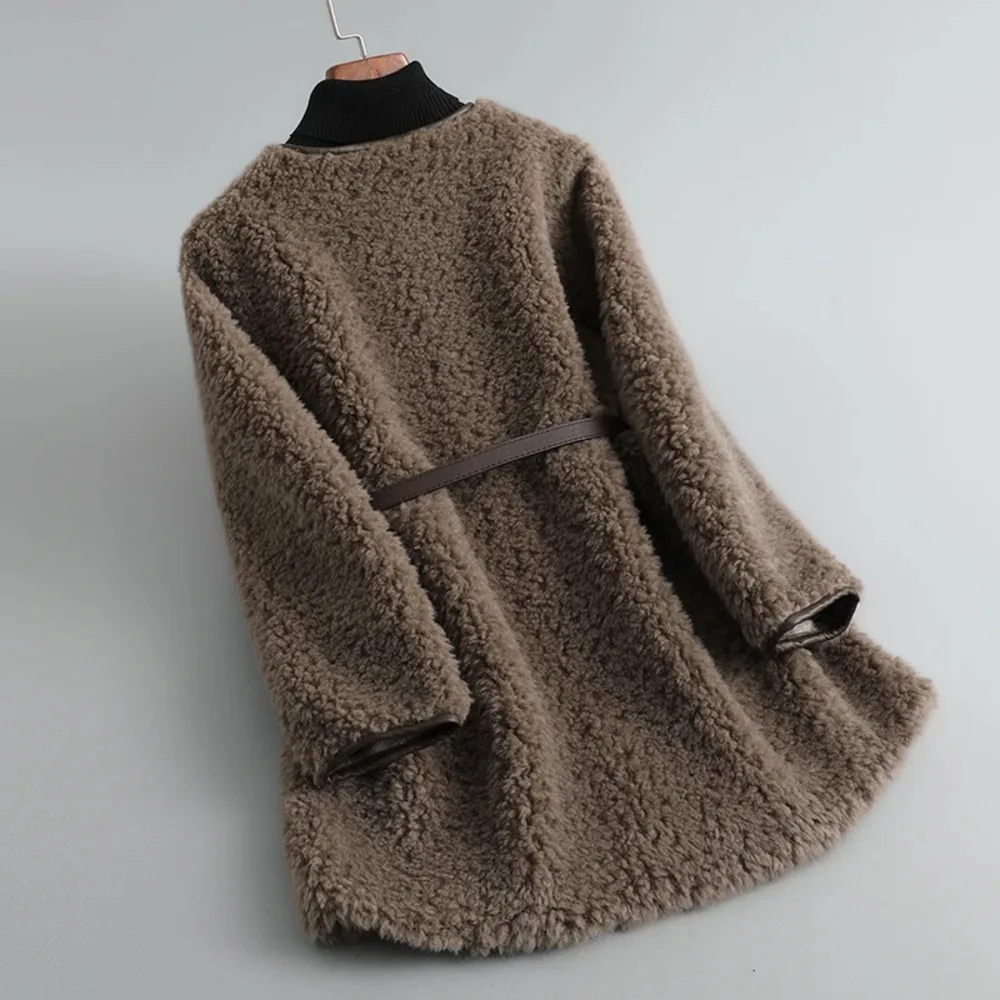 معطف طويل للنساء من Tyeek-Lambswool ، خروف Shearling ، فرو دافئ في واحد ، ملابس نسائية ، شتاء