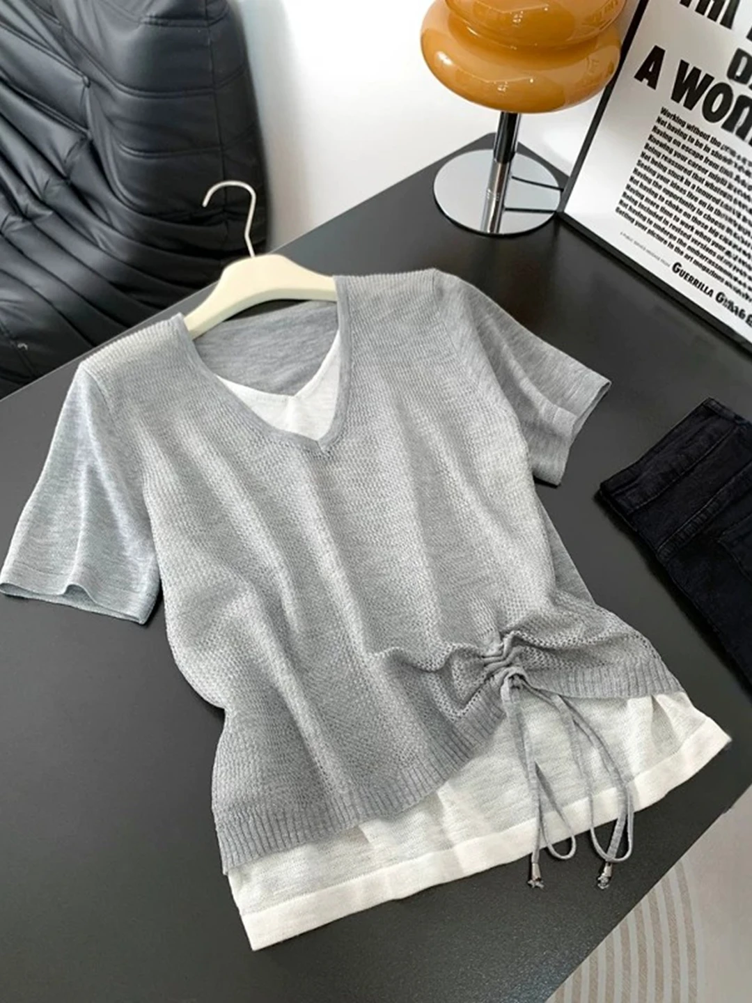 

Gray V-Neck Knitted Short Sleeve T-Shirt Women's Summer plus Size Drawstring Top Korean Style Loose Fit Casual Wear