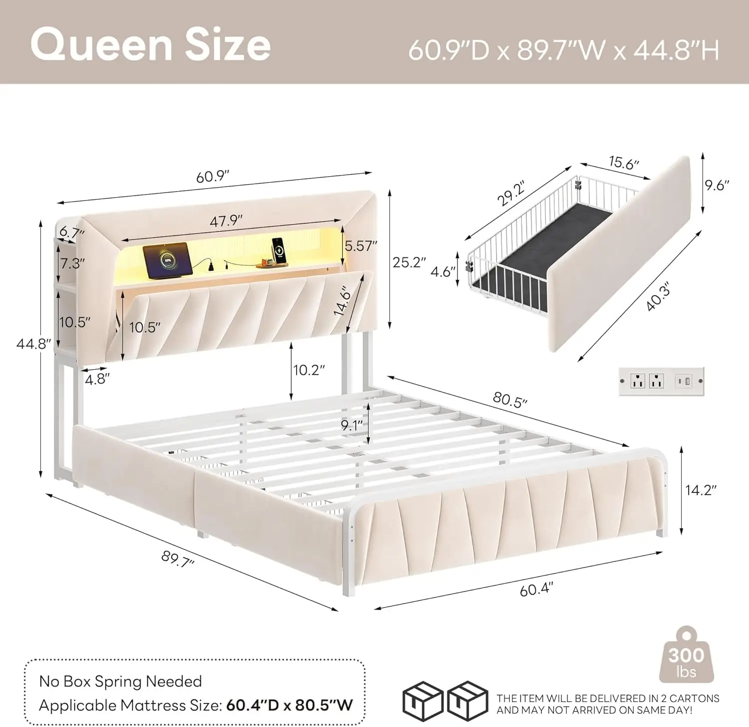 Queen LED Bed Frame Storage Drawers Bookcase Headboard USB Charging Metal Slat Support Beige, Customized