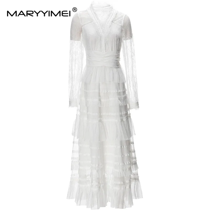 

MARYYIMEI New Fashion Designer Sweet Dress Women's V-Neck Translucent Long Sleeve Mesh Lace Ruffles Tiered High Street Dress