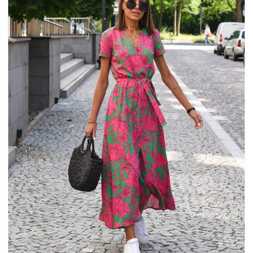 Vestidos Midi con estampado Floral para mujer, vestido Sexy de verano con cuello en V y cordones divididos, vestido de playa informal de manga corta elegante a la moda