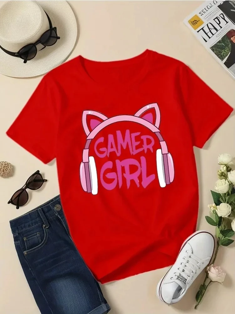 T-shirt con stampa creativa Gamer Girl per ragazze, stampa elegante, casual, per bambini, top estivo, girocollo, manica corta
