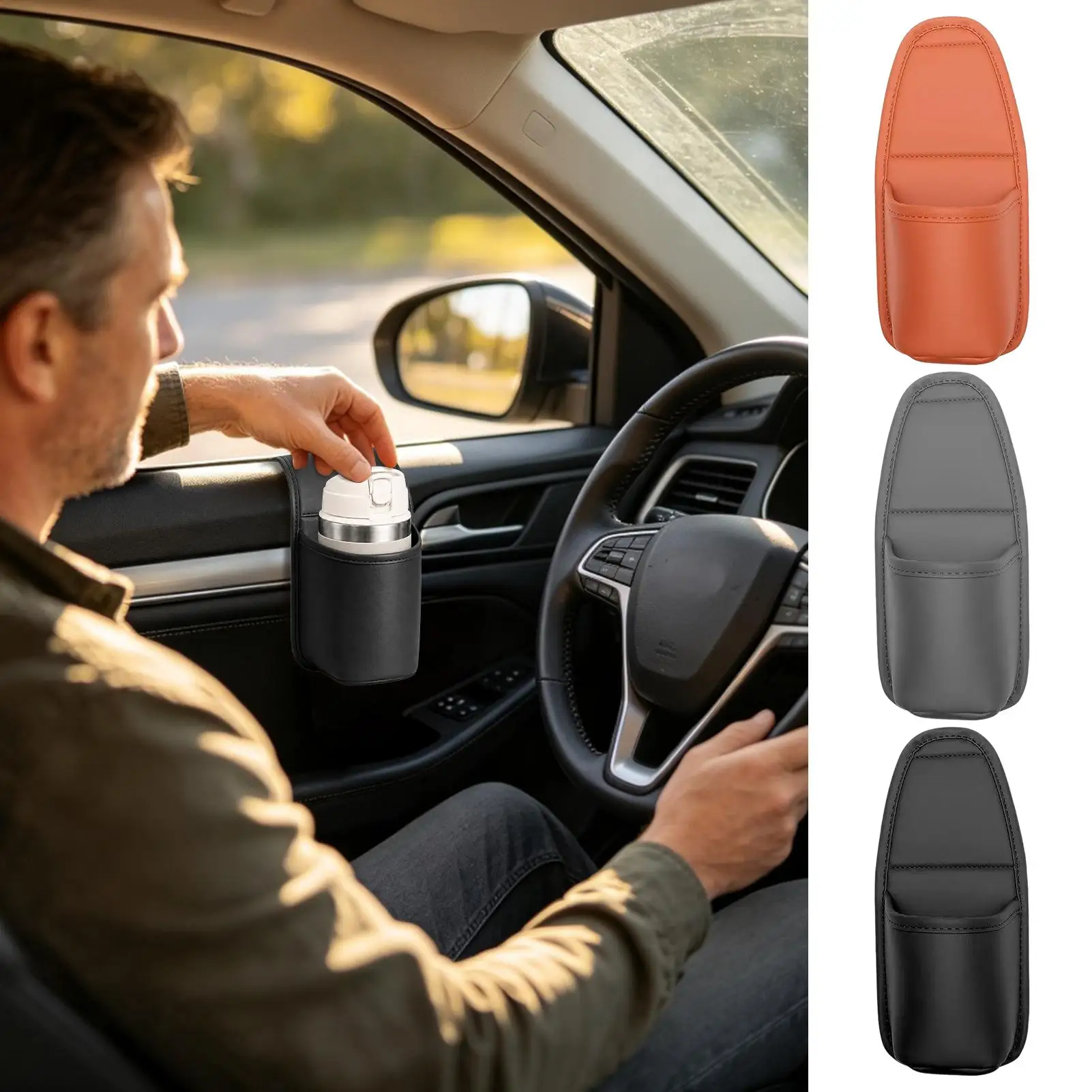Car Door Window Cup Holder, Wide Mouth Scratch-Resistant Leather Drink Organizer, Auto Mount for Water Bottles Tumblers