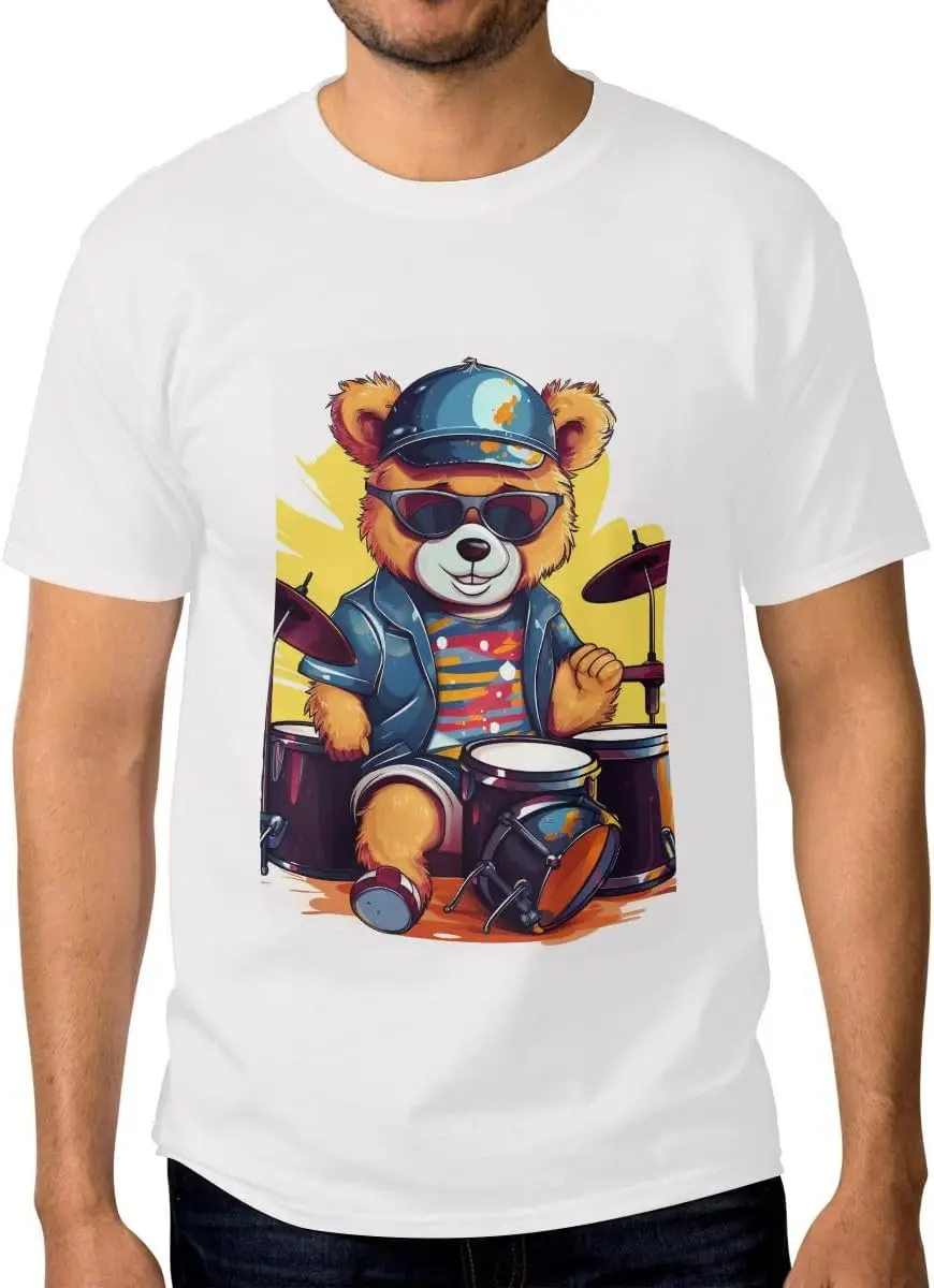 Mens T Shirt, Bear Play Drum Set Short Sleeve Tees High Quality 100%Cotton Short Sleeve