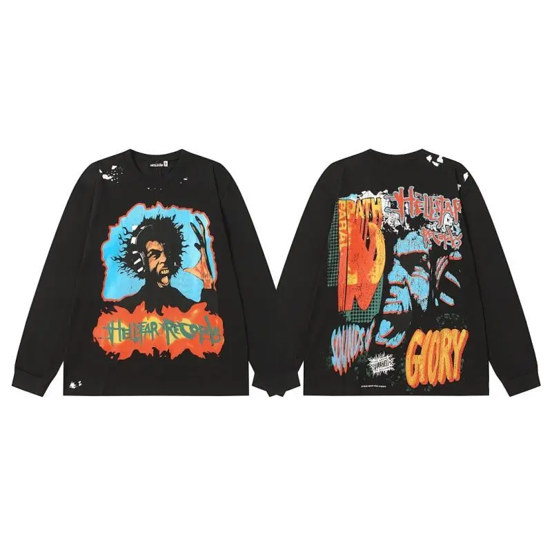 Hellstar New INS American Streetwear Vintage Fun Print Casual High Street Loose Unisex Long Sleeve Base Layer T-Shirt Niche Top